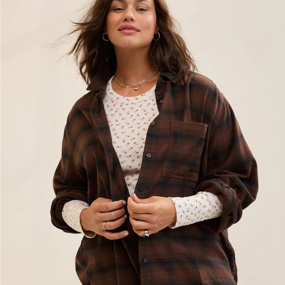 *New* Aerie Brown Plaid Oversized Flannel Shirt, Small